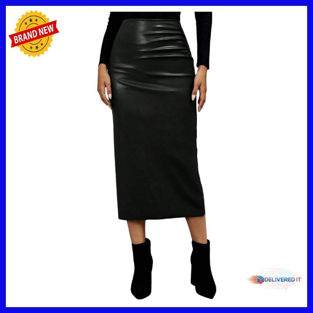 Faux Leather Maxi Skirt High Waist Ruched Side Slit Pencil Skirt